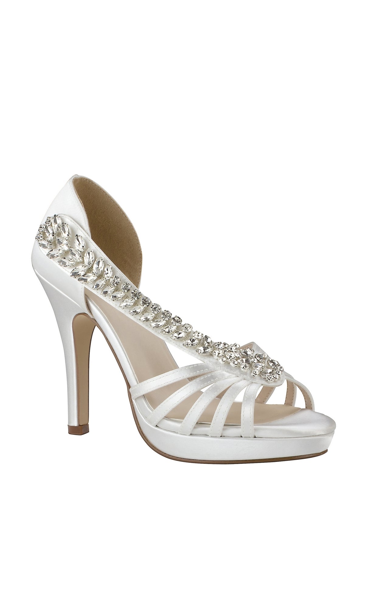 The 3.5 in High Heel White Prom Shoes 4561 feature a rhinestone strap, open toe, and strappy front with sparkling details on the vamp and heel—an elegant choice for prom or special occasions.